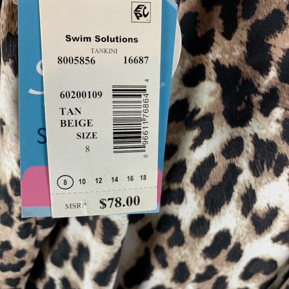 Swim Solutions Tankini Top Women's 8 Tan Beige Leopard Print Pleat-Front Summer - Picture 3 of 5